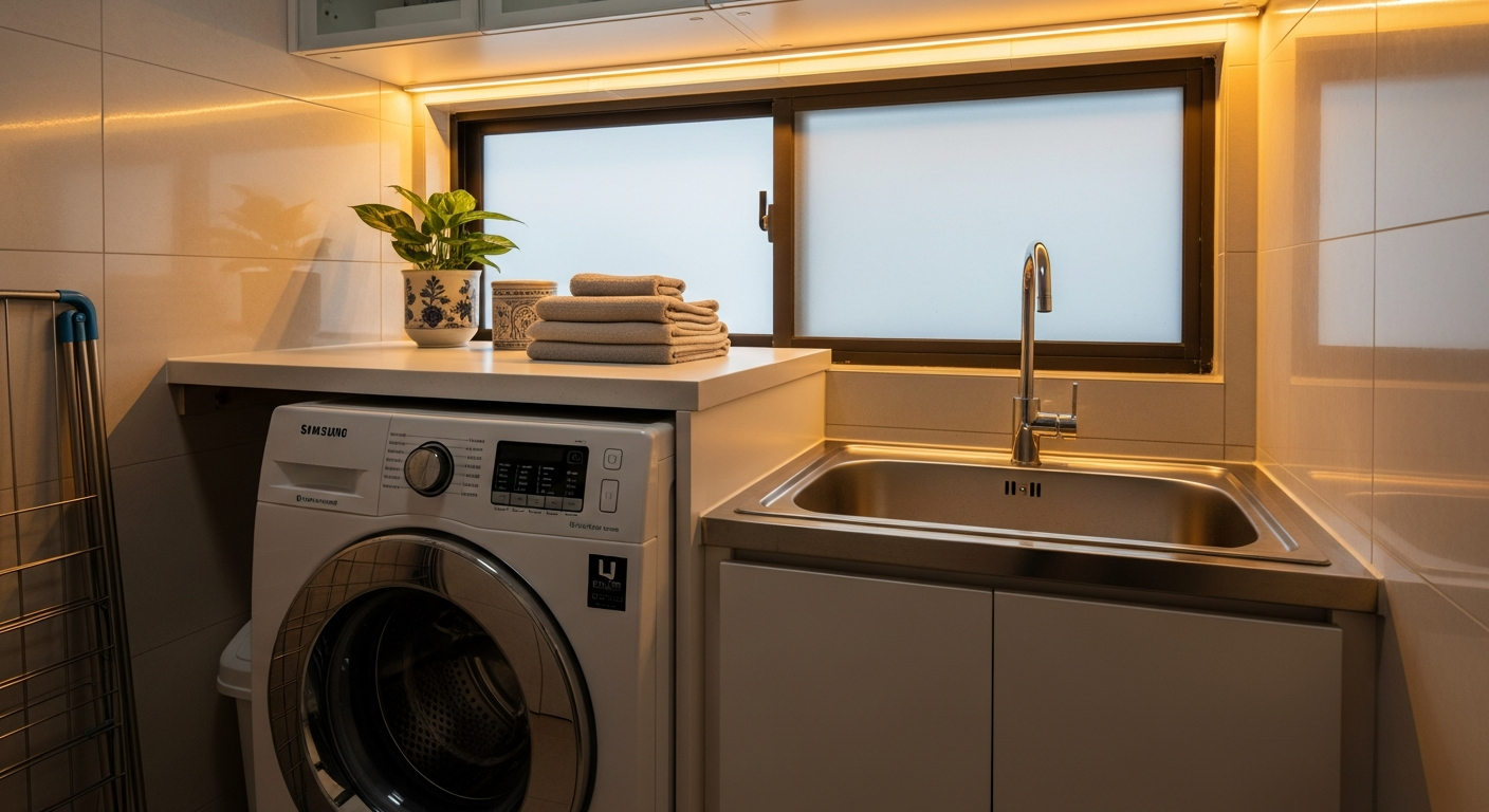 Home washing machine repair in a Singapore laundry area