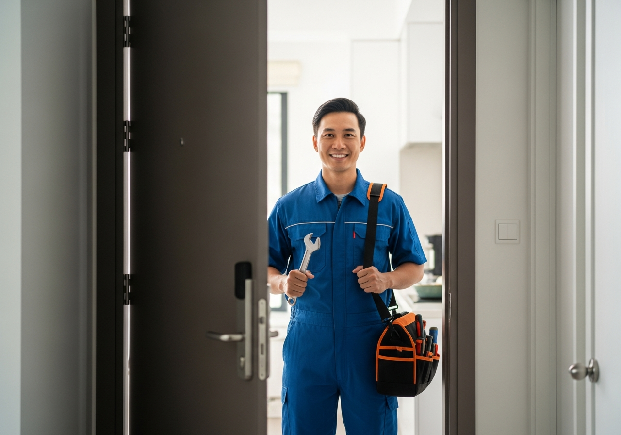 Washer technician arriving for an urgent Singapore home visit